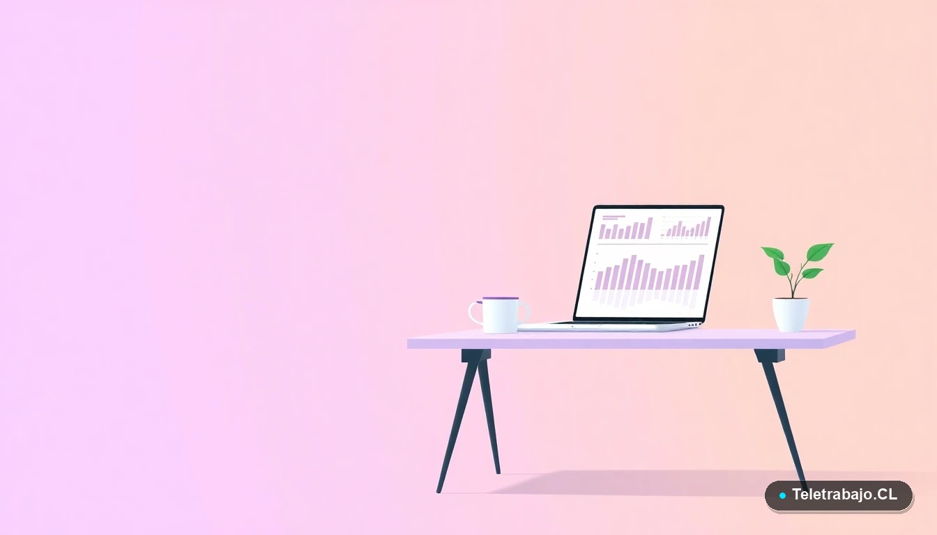 Escritorio moderno vacío con laptop, gráficos digitales, taza de café y planta, ilustración plana estilo startup tecnológica.