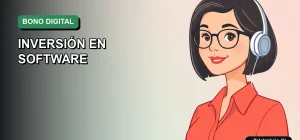Ilustración vectorial plana de estilo premium que muestra a una trabajadora remota feliz, representando la justificación de inversión en software con el Bono Digital 2026. Fondo con gradiente suave.