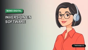 Ilustración vectorial plana de estilo premium que muestra a una trabajadora remota feliz, representando la justificación de inversión en software con el Bono Digital 2026. Fondo con gradiente suave.