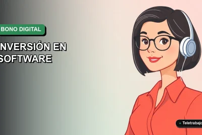 Ilustración vectorial plana de estilo premium que muestra a una trabajadora remota feliz, representando la justificación de inversión en software con el Bono Digital 2026. Fondo con gradiente suave.