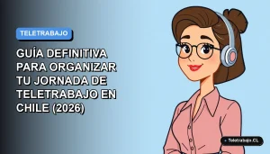 Ilustración plana de mujer profesional chilena trabajando desde casa en modalidad remota, fondo degradado azul.