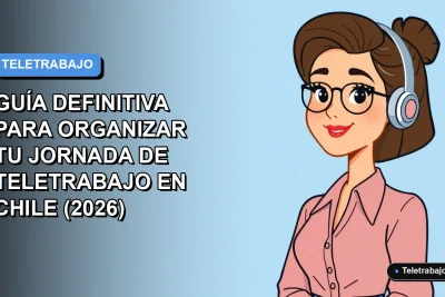 Ilustración plana de mujer profesional chilena trabajando desde casa en modalidad remota, fondo degradado azul.