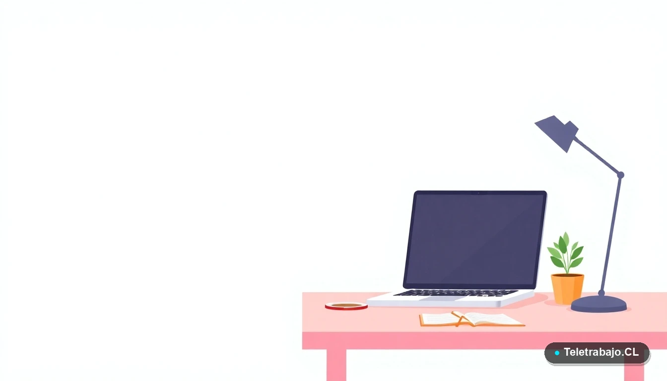 Escritorio moderno y ordenado para teletrabajo con laptop, cuaderno, taza de café y planta, fondo degradado verde menta.