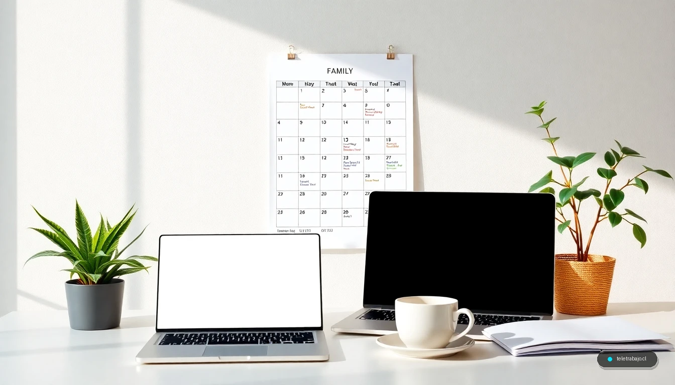 Padre trabajando desde casa en un escritorio organizado con calendario familiar visible