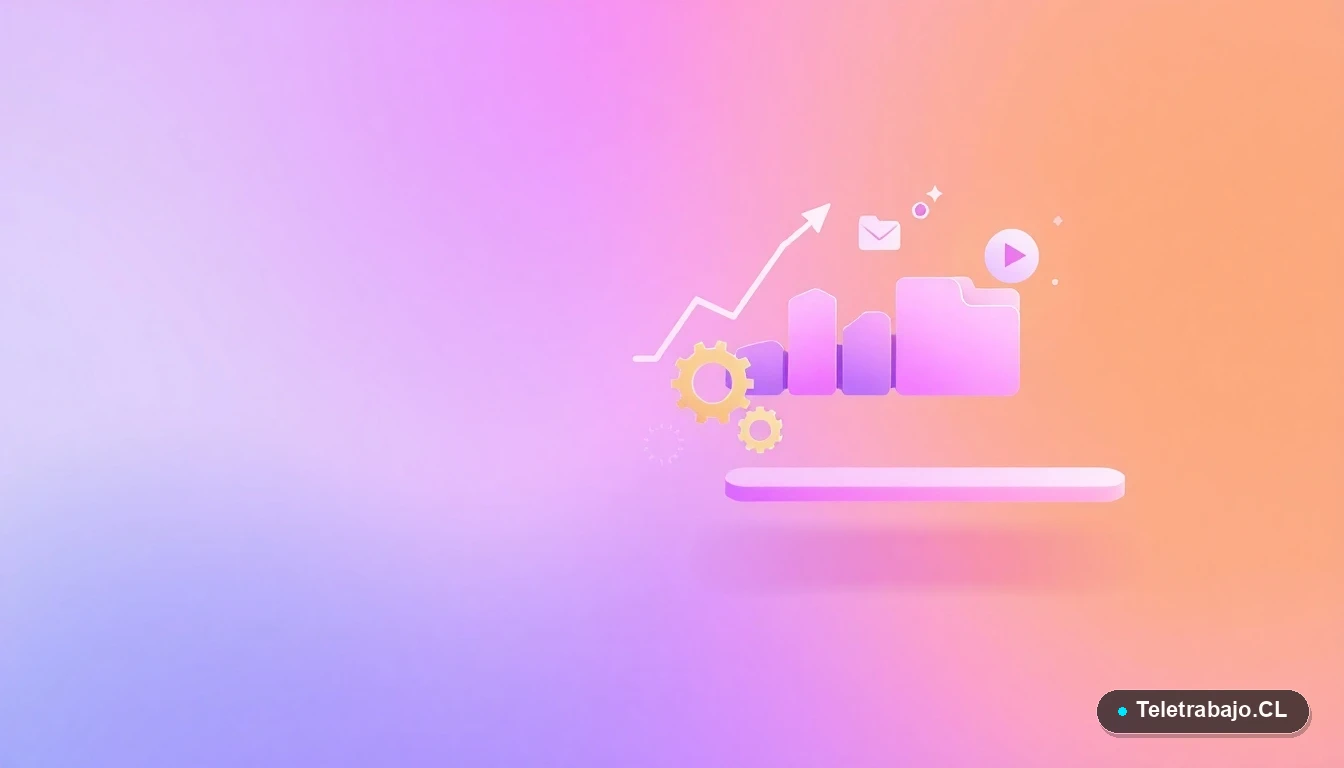 Elementos de interfaz de usuario abstractos y gráficos flotantes en tonos lavanda y durazno, representando crecimiento y productividad para artículo sobre desarrollo profesional.