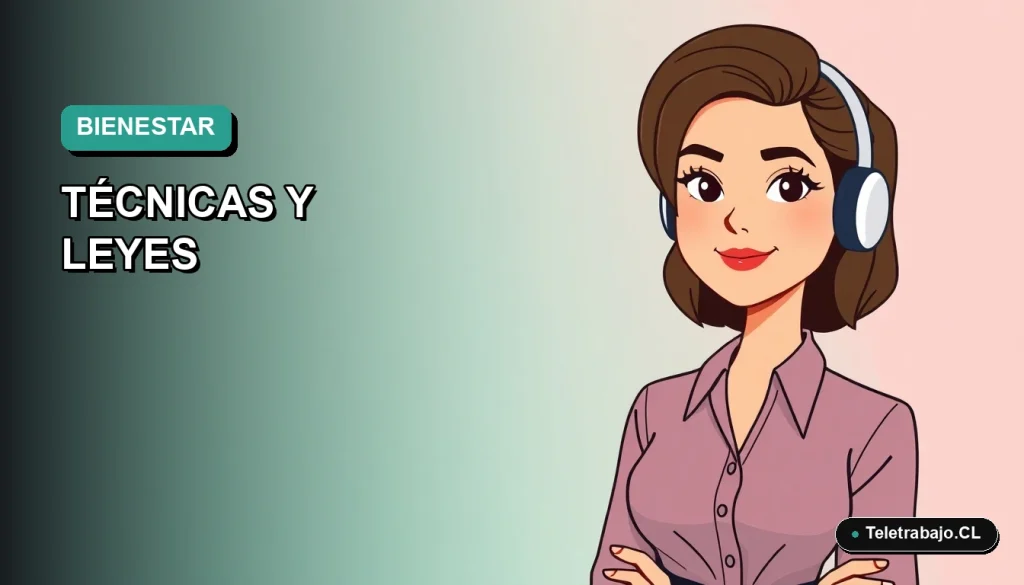 Ilustración vectorial plana de una mujer profesional chilena con expresión tranquila, sobre un fondo degradado suave de color teal y blanco, representando el bienestar laboral.