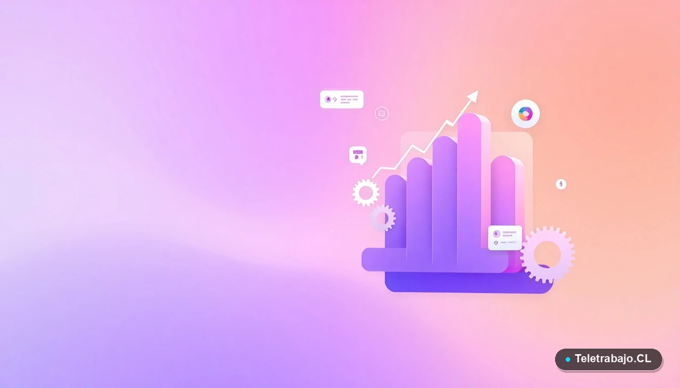 Composición abstracta de interfaz de usuario con gráficos, engranajes y carpetas flotantes en estilo vectorial plano, sobre un fondo degradado lavanda y melocotón, simbolizando la gestión de tareas y productividad.