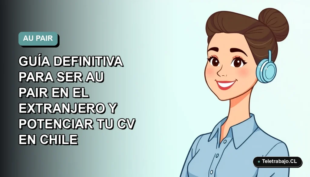 Ilustración plana de una joven profesional chilena sonriente, con blusa azul y pelo recogido, sobre fondo degradado azul verdoso. Representa el perfil de una au pair que potencia su currículum.