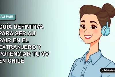 Ilustración plana de una joven profesional chilena sonriente, con blusa azul y pelo recogido, sobre fondo degradado azul verdoso. Representa el perfil de una au pair que potencia su currículum.