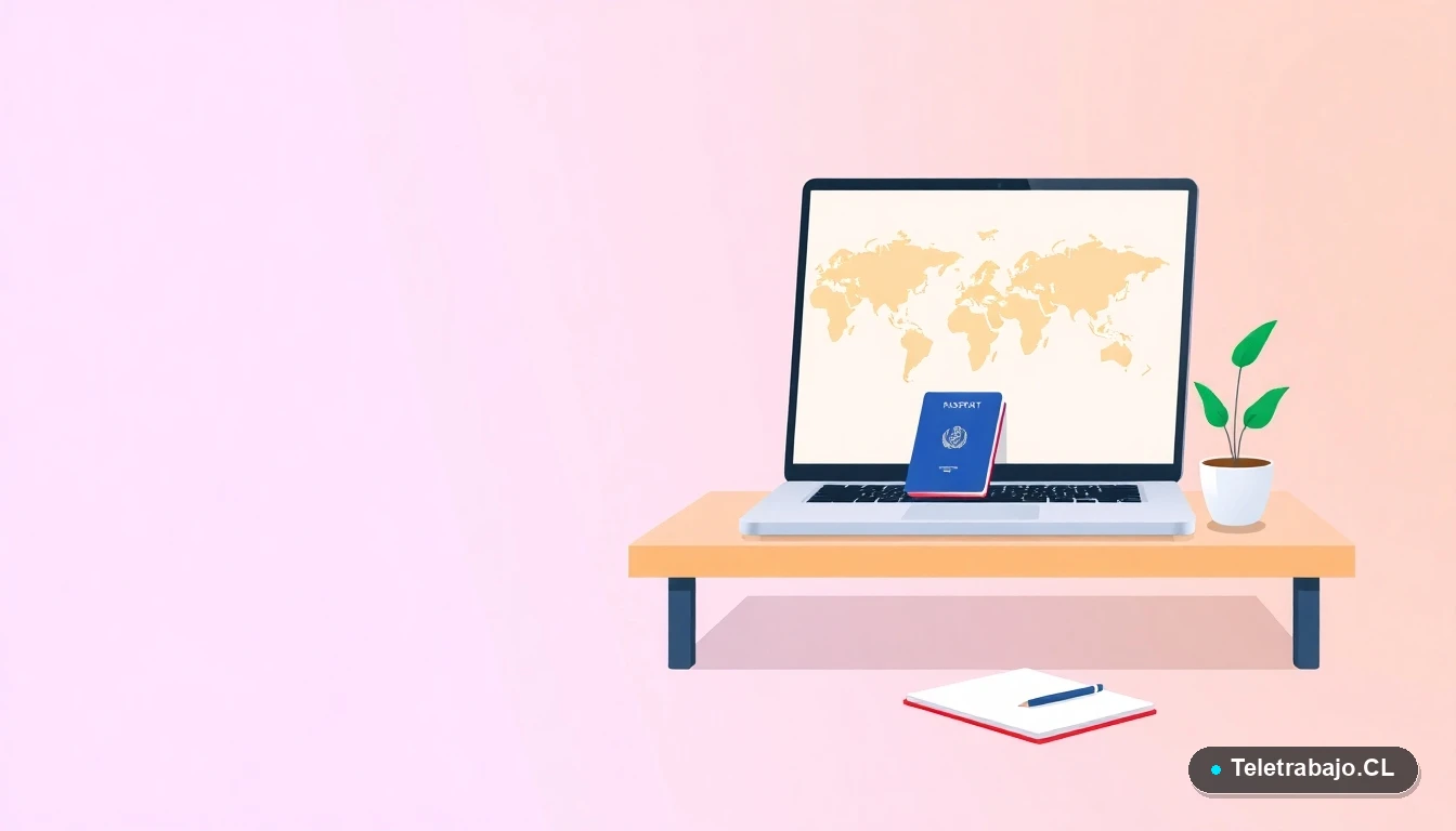 Escritorio minimalista con laptop mostrando mapa mundial, pasaporte y cuaderno, sobre fondo degradado lila y durazno. Simboliza la planificación y habilidades adquiridas como au pair.