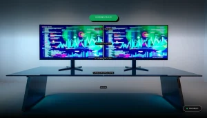 Especialista en economía circular trabajando en un entorno corporativo moderno con gráficos abstractos en pantallas, concepto de empleo verde.