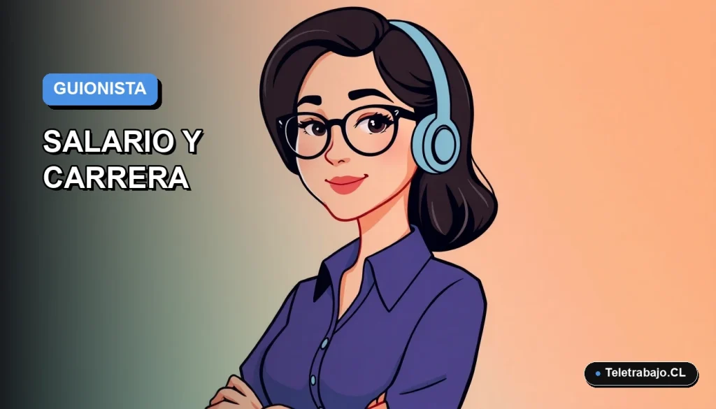 Ilustración vectorial plana de una guionista de videojuegos chilena trabajando de forma remota, con fondo degradado azul y naranja.