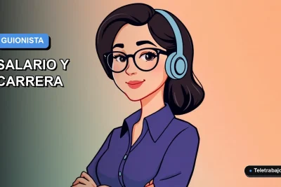 Ilustración vectorial plana de una guionista de videojuegos chilena trabajando de forma remota, con fondo degradado azul y naranja.