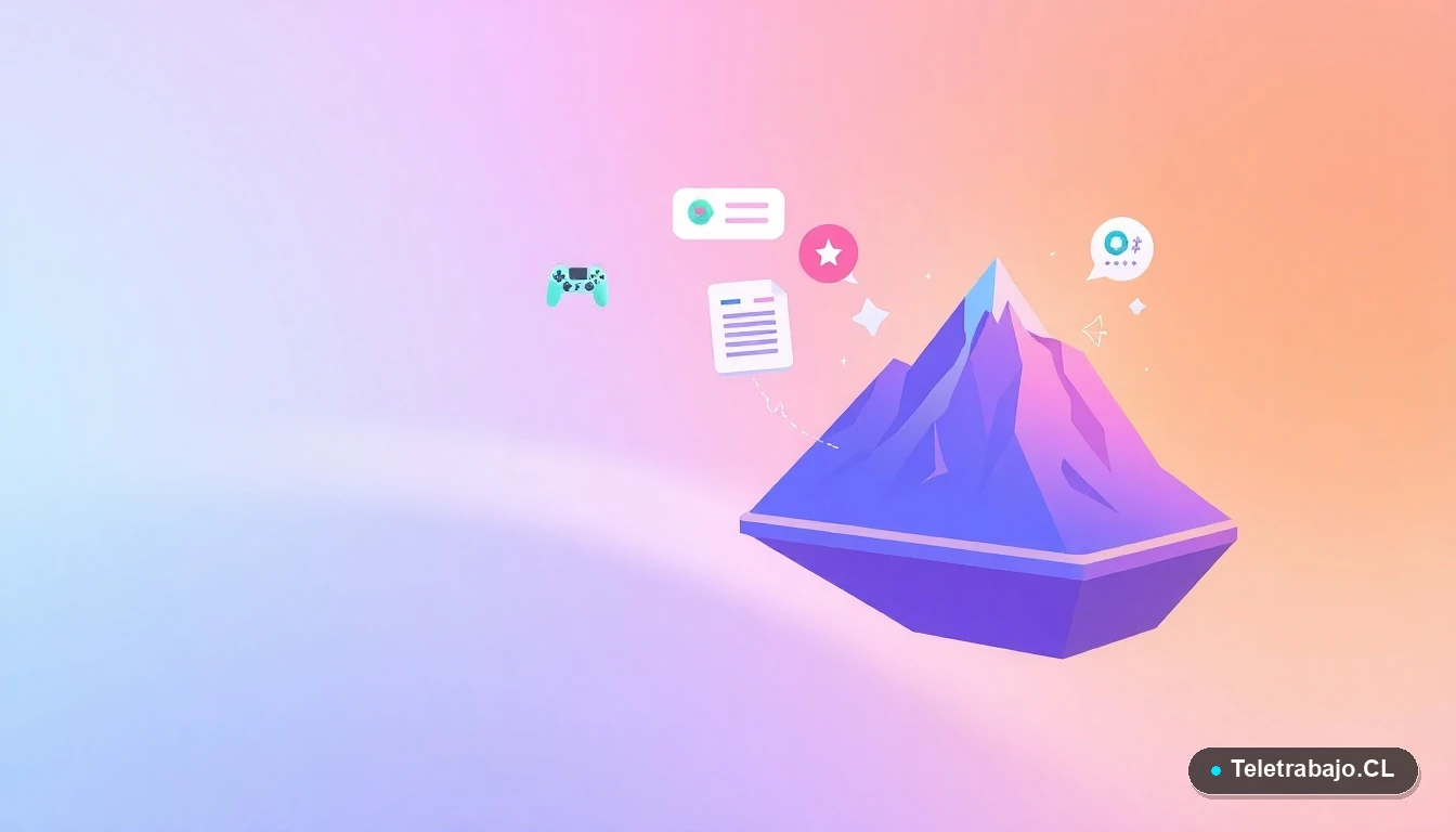 Elementos de interfaz de usuario abstractos para guion de videojuegos, con íconos de controlador, documentos y burbujas de diálogo, estilo vectorial plano.