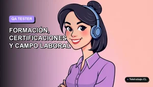 Ilustración plana vectorial de una mujer profesional chilena, especialista en control de calidad de software, sonriendo con confianza. Fondo degradado lila suave.