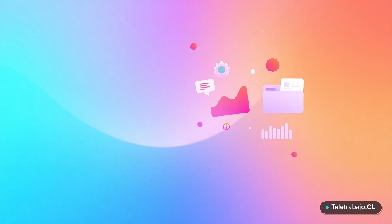 Elementos abstractos de interfaz de usuario tecnológica: gráficos flotantes, un engranaje y una carpeta, sobre un fondo degradado de menta a verde azulado.