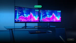 Guía para convertirse en tester de control de calidad en 2026, mostrando un espacio de trabajo tecnológico moderno con pantallas que muestran gráficos de datos abstractos.