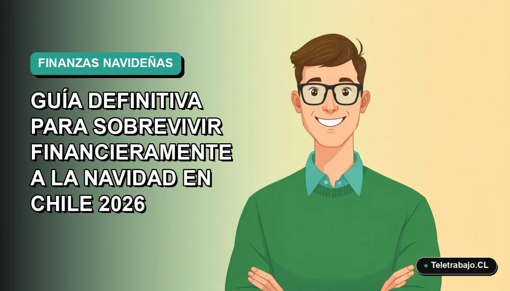 Ilustración vectorial plana de un trabajador remoto masculino con suéter verde, sonriendo, sobre fondo degradado azul verdoso. Concepto de guía financiera para la Navidad en Chile.
