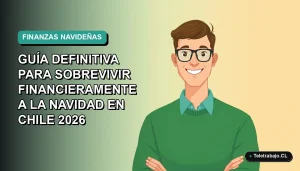 Ilustración vectorial plana de un trabajador remoto masculino con suéter verde, sonriendo, sobre fondo degradado azul verdoso. Concepto de guía financiera para la Navidad en Chile.
