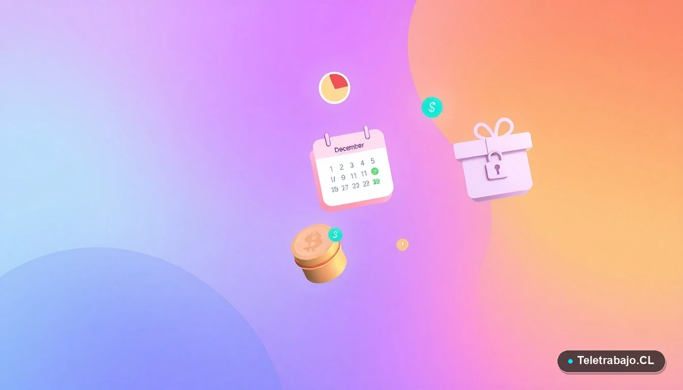 Composición abstracta de iconos financieros y navideños en estilo vectorial plano: gráfico circular, moneda chilena, calendario de diciembre y regalo con candado, sobre fondo degradado melocotón.