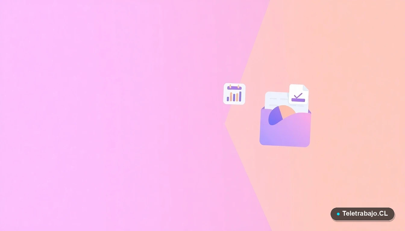 Elementos de interfaz de usuario abstractos y coloridos, como gráficos y carpetas, sobre un fondo degradado lavanda.