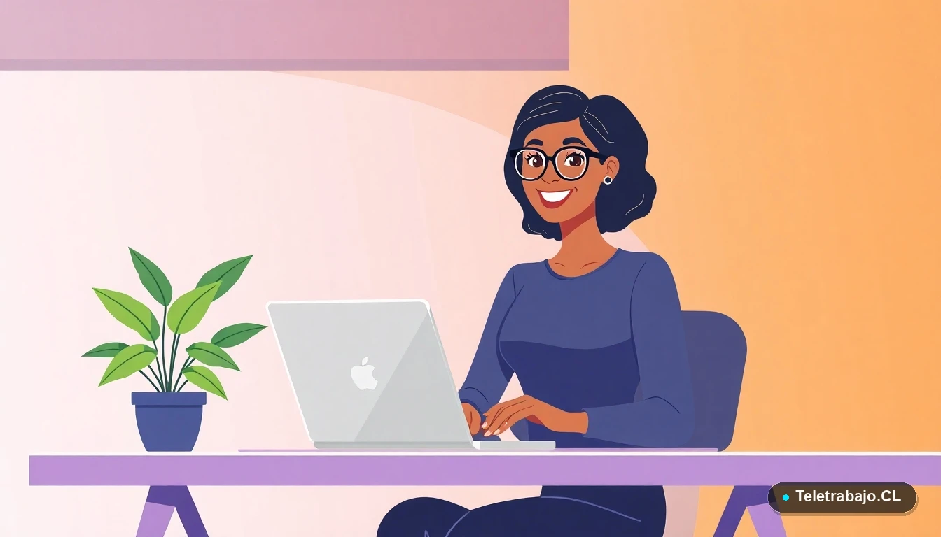 Profesional chilena teletrabajando de manera efectiva y productiva desde su casa, estilo ilustración plana moderna.