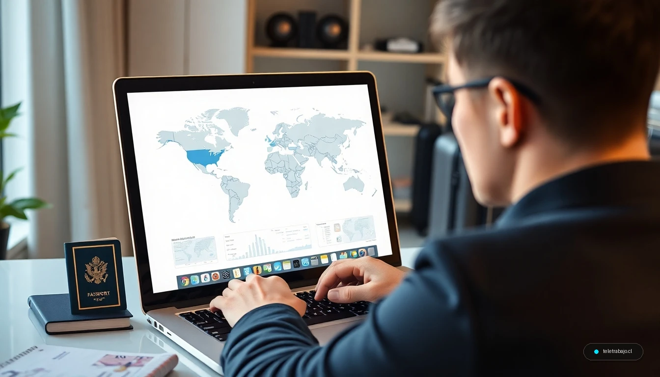 Profesional planificando su carrera internacional con un mapa del mundo y documentos de viaje