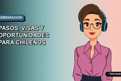 Ilustración plana vectorial estilo Corporate Memphis de una mujer chilena profesional trabajando de forma remota desde el extranjero, con un fondo degradado azul.