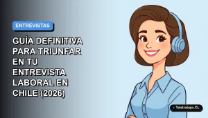Ilustración plana corporativa de mujer profesional chilena sonriendo, fondo degradado azul, concepto de éxito en entrevista laboral.