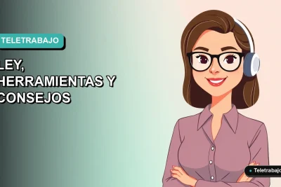 Ilustración plana corporativa de una mujer chilena trabajando remotamente desde su casa, con fondo degradado azul verdoso.