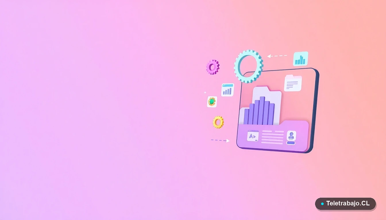 Interfaz de usuario abstracta con gráficos flotantes y iconos de engranajes y carpetas, ilustración plana con fondo degradado lila.