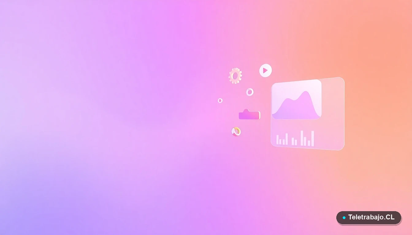 Elementos de interfaz de usuario abstractos, gráficos y engranajes flotantes en estilo plano, sobre fondo degradado lavanda.