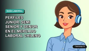 Ilustración vectorial plana de una mujer profesional de tecnología con blusa azul, estilo Corporate Memphis, sobre fondo degradado verde azulado, representando perfiles senior en el mercado chileno.
