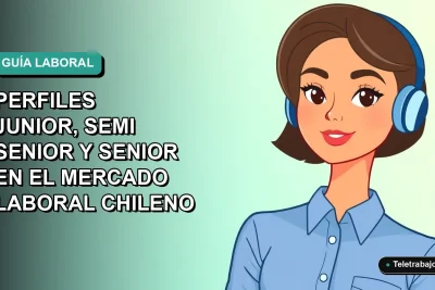 Ilustración vectorial plana de una mujer profesional de tecnología con blusa azul, estilo Corporate Memphis, sobre fondo degradado verde azulado, representando perfiles senior en el mercado chileno.