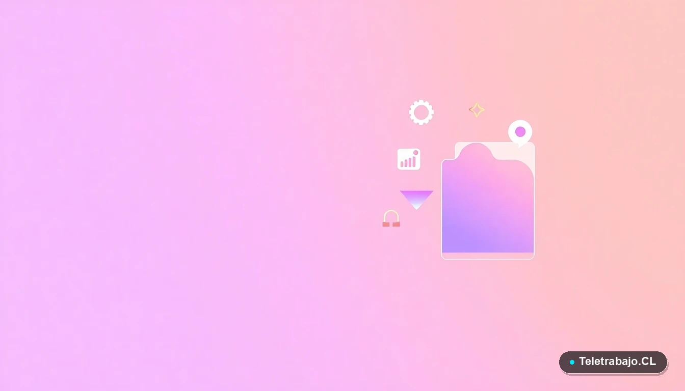 Ilustración abstracta de interfaz de usuario tecnológica con gráficos flotantes y engranajes estilizados en colores lavanda y durazno, sobre fondo degradado, concepto de crecimiento profesional.