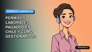 Ilustración plana corporativa de una trabajadora chilena de tecnología sonriente, con fondo degradado azul y naranja, sobre gestión de permisos laborales pagados.