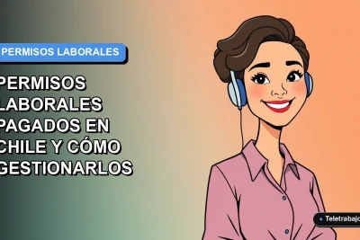 Ilustración plana corporativa de una trabajadora chilena de tecnología sonriente, con fondo degradado azul y naranja, sobre gestión de permisos laborales pagados.
