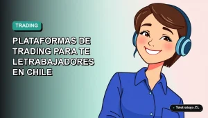 Ilustración plana vectorial de una mujer profesional teletrabajadora chilena, con blusa azul y corte de pelo moderno, sonriendo. Fondo con gradiente suave de azul verdoso, espacio negativo a la izquierda. Concepto de guía de plataformas de trading para 2026.