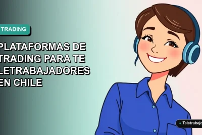 Ilustración plana vectorial de una mujer profesional teletrabajadora chilena, con blusa azul y corte de pelo moderno, sonriendo. Fondo con gradiente suave de azul verdoso, espacio negativo a la izquierda. Concepto de guía de plataformas de trading para 2026.