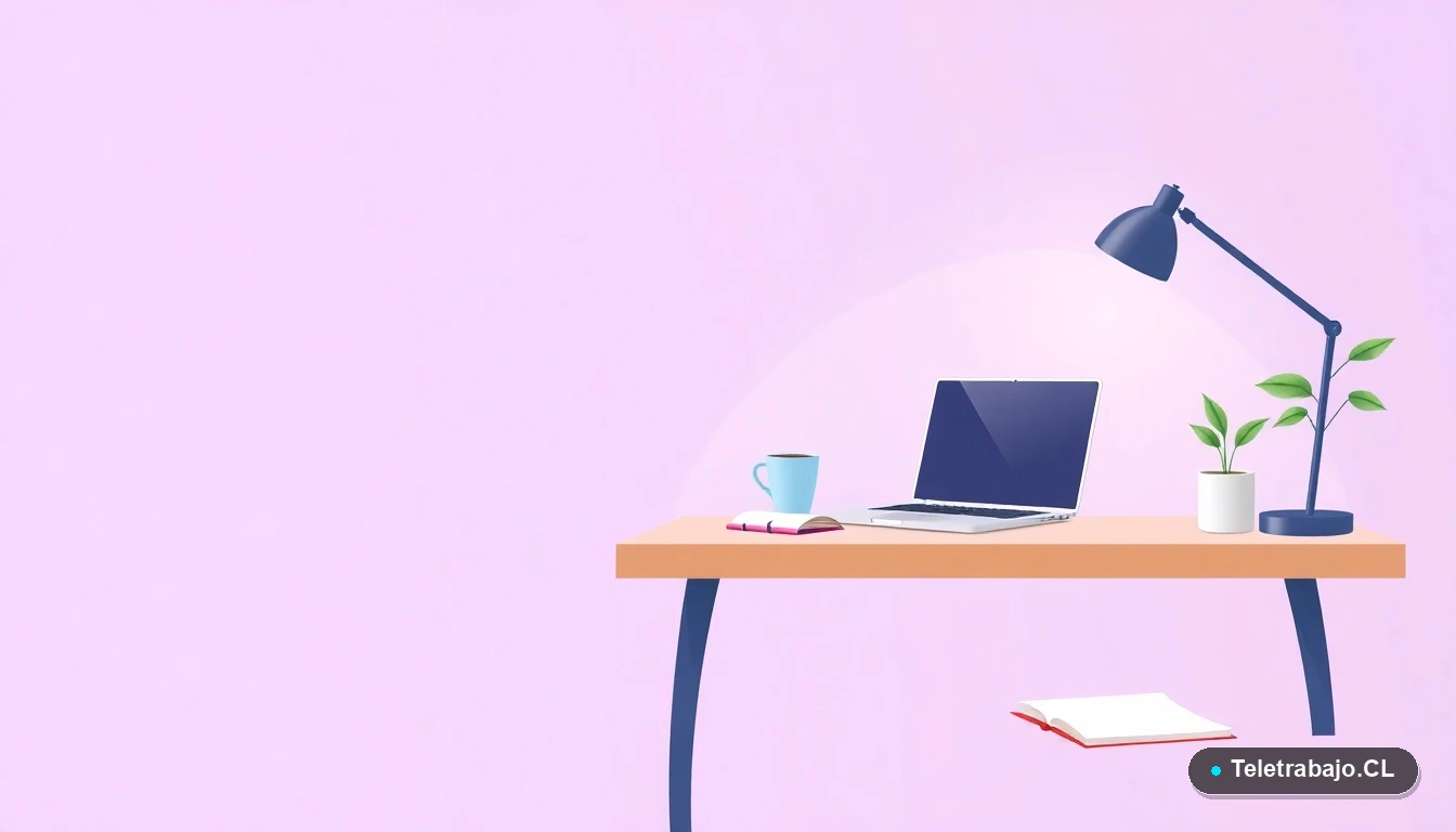 Ilustración vectorial de un escritorio moderno y minimalista para teletrabajo, con laptop, café y planta. Fondo con gradiente suave lavanda, mucho espacio negativo. Concepto de productividad y trading remoto.