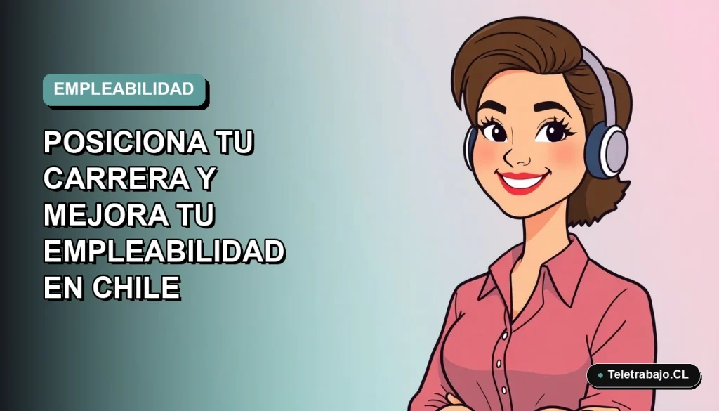 Ilustración vectorial plana de una mujer profesional chilena sonriendo, con fondo degradado azul verdoso. Representa el crecimiento laboral y la empleabilidad en Chile.