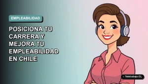 Ilustración vectorial plana de una mujer profesional chilena sonriendo, con fondo degradado azul verdoso. Representa el crecimiento laboral y la empleabilidad en Chile.