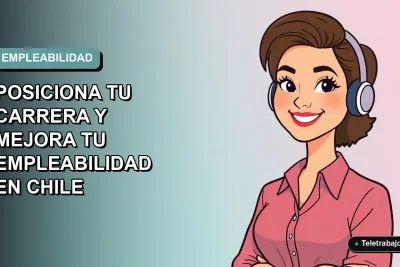 Ilustración vectorial plana de una mujer profesional chilena sonriendo, con fondo degradado azul verdoso. Representa el crecimiento laboral y la empleabilidad en Chile.