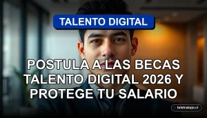 Un profesional latino sonriendo con confianza en una oficina moderna, representando las oportunidades de las Becas Talento Digital 2026.