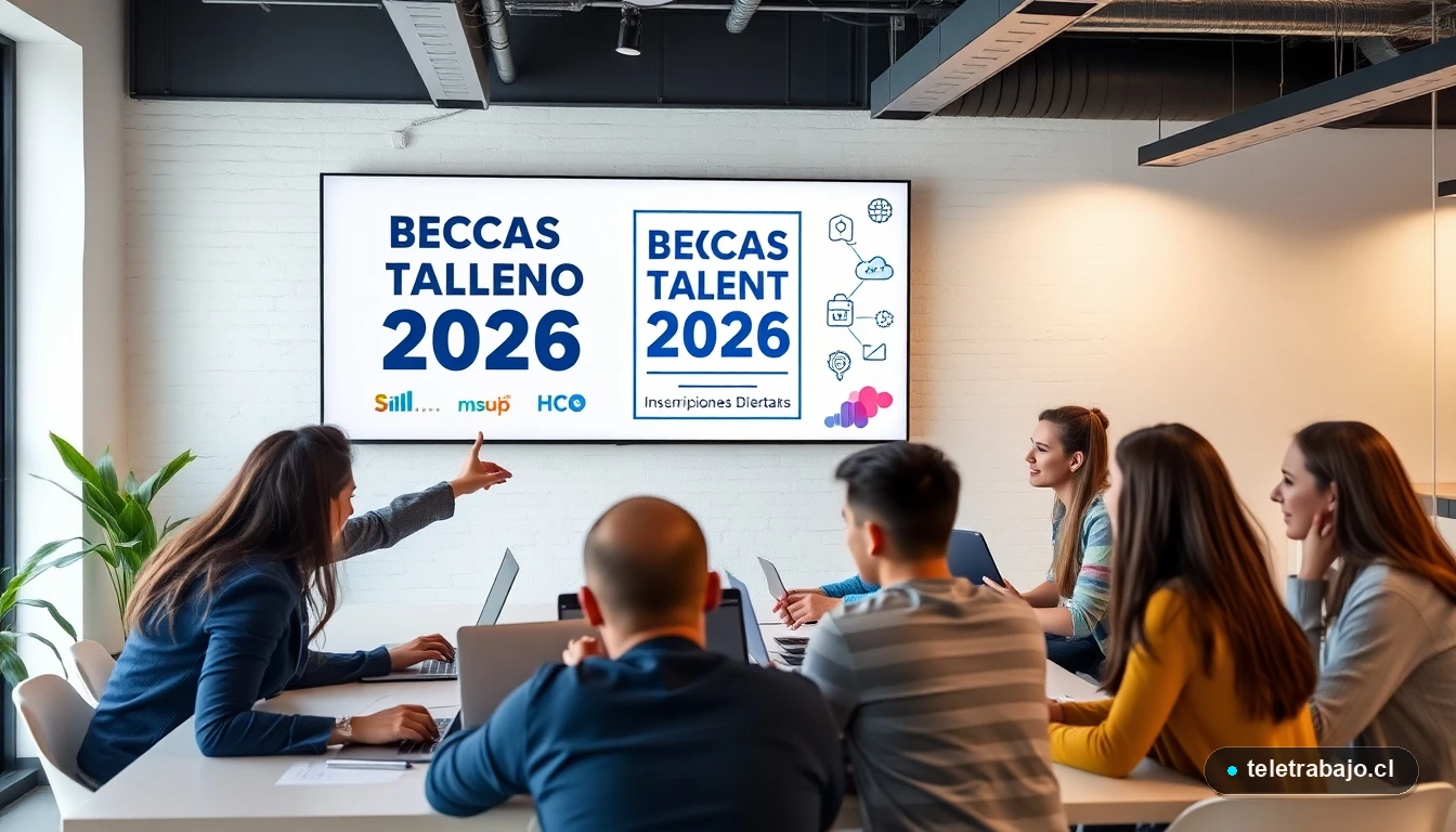 Estudiantes chilenos colaborando en un espacio de coworking moderno, desarrollando habilidades digitales para las becas Talento Digital 2026.