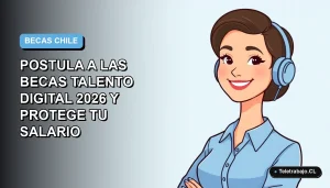 Ilustración plana vectorial de una mujer profesional de tecnología, con blusa azul y peinado moderno, sobre fondo degradado azul pastel. Representa la postulación a las Becas Talento Digital 2026.