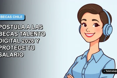 Ilustración plana vectorial de una mujer profesional de tecnología, con blusa azul y peinado moderno, sobre fondo degradado azul pastel. Representa la postulación a las Becas Talento Digital 2026.