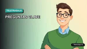 Ilustración vectorial plana de un trabajador masculino en teletrabajo, con fondo degradado azul verdoso, representando una guía de entrevistas según la ley chilena.