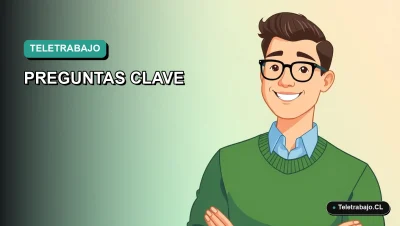 Ilustración vectorial plana de un trabajador masculino en teletrabajo, con fondo degradado azul verdoso, representando una guía de entrevistas según la ley chilena.