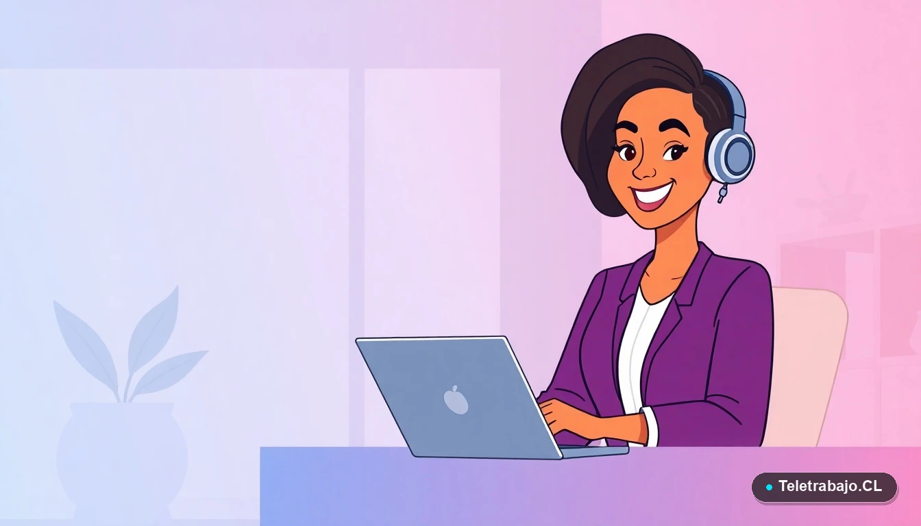 Mujer profesional preparándose para una entrevista de trabajo remoto en Chile, ilustración plana moderna.